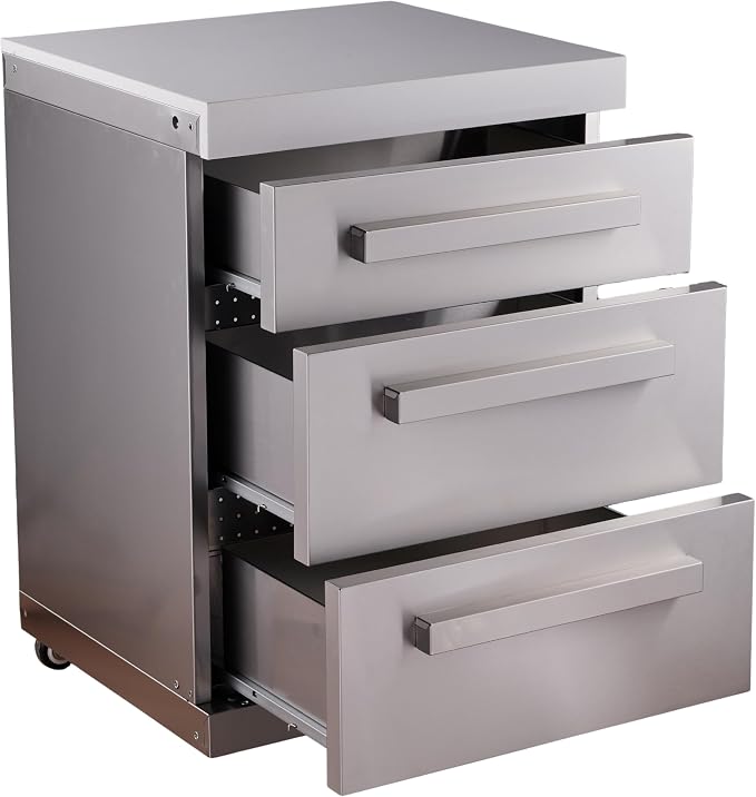 Mont Alpi 3-Drawer Soft-Close Stainless Steel Outdoor Kitchen Cabinet Module with White Granite Countertop - 25" W | 304 SS | MAi805 & MAi400