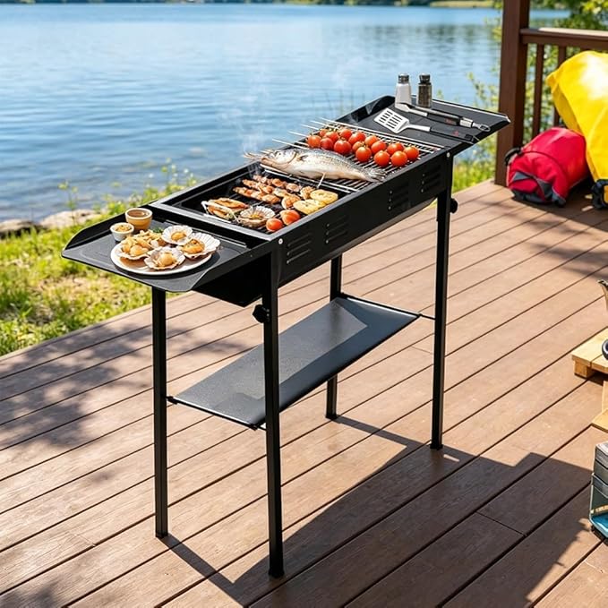 Adjustable Height Charcoal Grill, Large Cooking Area, Foldable with Side Shelves for 8-12 People Backyard Parties