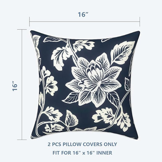LVTXIII Outdoor Pillow Covers 16x16, Patio Waterproof Throw Pillow Cases Fade Resistant Accent Pillow Covers for Spring Summer Garden Decoration, Set of 2, Elegant Vines Navy
