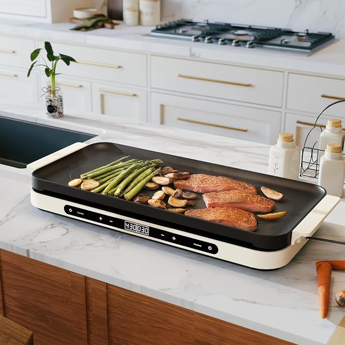 AEWHALE Electric Glass Cooktop 2 Burners | Removable Griddle Pan, Ceramic Non-stick, 900W+900W, Sensor Touch, Adjustable Temperature/Time