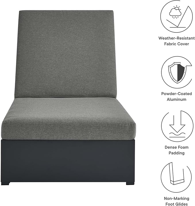 Modway Tahoe Aluminum Outdoor Chaise Lounge in Gray Charcoal with Weather-Resistant Cushions, Perfect Patio Sunbed or Recliner Chair for Pool Furniture