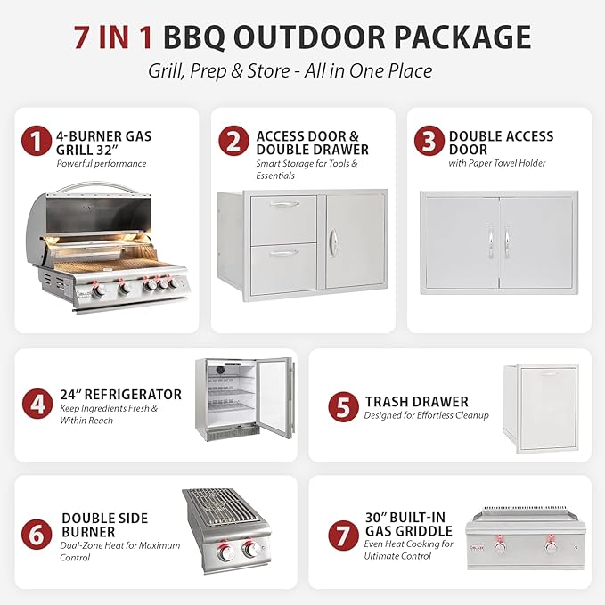 BLAZE BBQ Outdoor Gas Grill Package of 32” LTE Built-in Gas Grill, LTE Gas Griddle, LTE Gas Power Burner, 32” Door & Two Drawers Combo, Trash Drawer, Double Access Door, Refrigerator, and Accessories