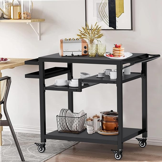 20"x 32" Three-Shelf Movable Outdoor Dining Cart Table, Multifunctional Food Prep Stand, Outdoor Grill Table with Wheels