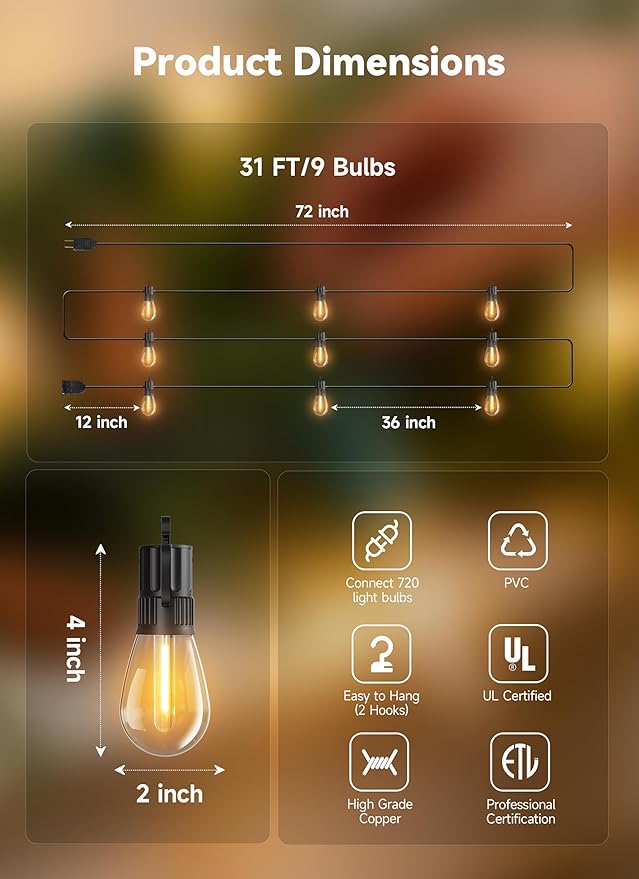 Minetom 31FT Outdoor String LED Patio Lights Waterproof,Shatterproof S14 Vintage Edison Bulbs,Commercial Grade Outside Hanging Lights Waterproof for Porch Deck Garden Backyard Balcony Cafe Bistro