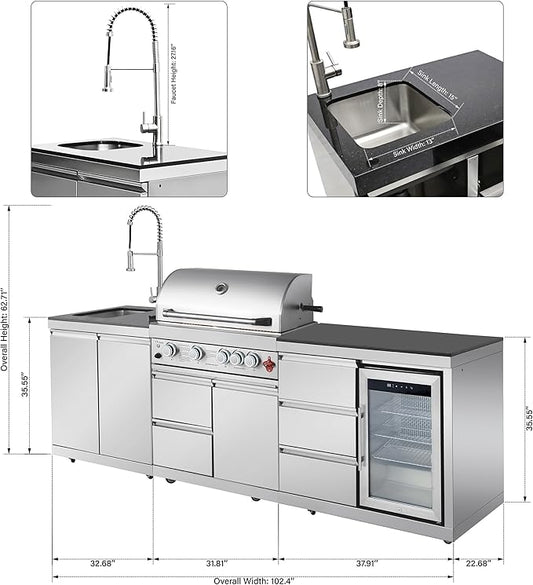 103" All-in-One Outdoor Kitchen Island,4 Burner Modular Kitchen with Grill Station Cabinetry,304 Stainless Granite, Sink, Fridge, BBQ Set for Patios & Backyards (Stainless, 103 IN)