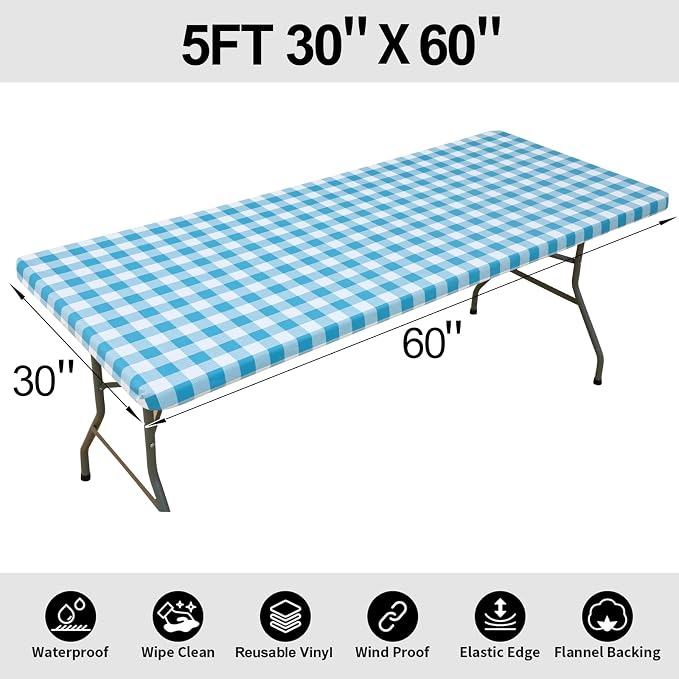 Smiry Rectangle Picnic Table Cloth, Elastic Waterproof Fitted Vinyl Tablecloths, Flannel Backed Buffalo Plaid Table Covers for Dining, Camping, Outdoor (White and Aqua, 30" x 60")