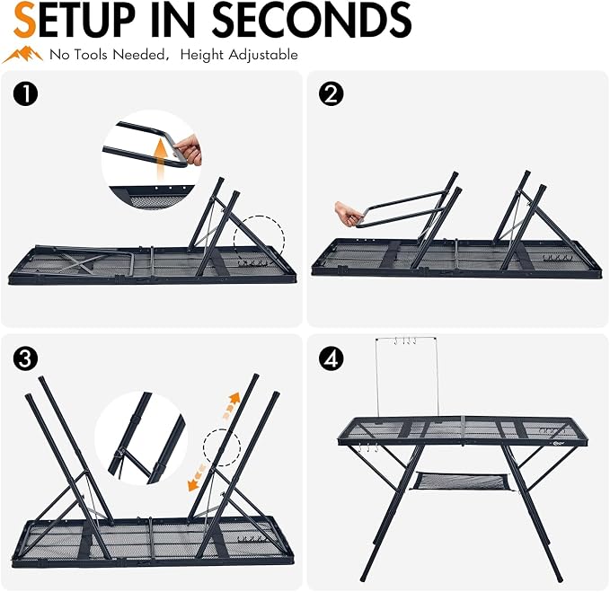 Portal 4 ft Folding Camping Grill Table Heavy Duty Portable Outdoor for BBQ | Iron Mesh Folding Grill Table with 2 Adjustable Heights(15" & 29"), Heat-Resistant Tabletop for BBQ & Outdoor Cooking Gray