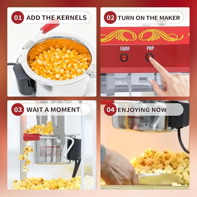 8 Oz Popcorn Machine with Cart, Nostalgia Professional Cart Makes Up to 32 Cups with Warming Deck and Old Maids Drawer, Movie Night Supplies for Home, Red