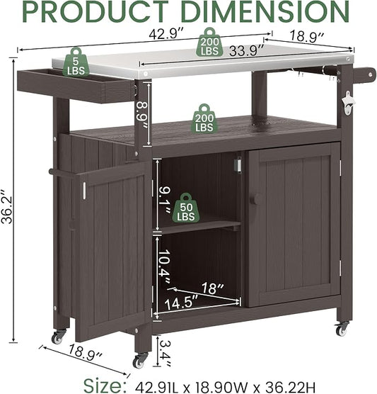 Weatherproof HIPS Outdoor Kitchen Island with Stainless Steel Top & Storage Cabinet, Movable Prep Table with Wheels for BBQ Food Prep, Outdoor Grill Cart for Parties, Cocoa Brown
