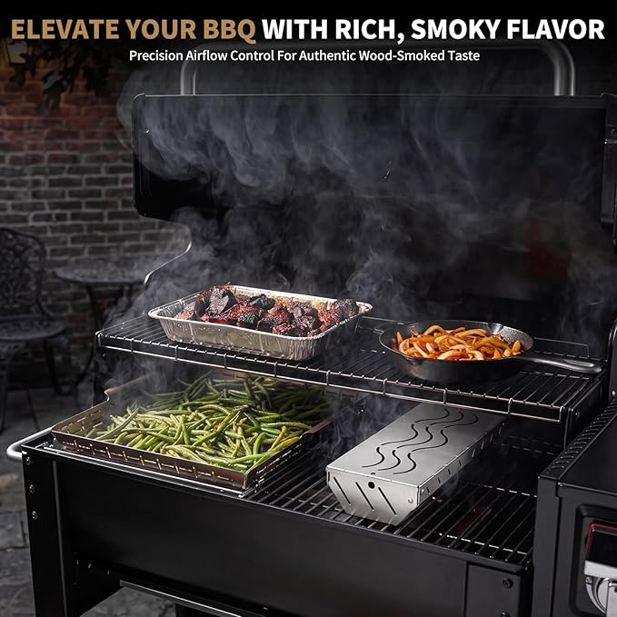 2PCS Stainless Steel Smoker Box for Weber, Gas Grill Smoker Box with 2 Hooks, Wood Chip Box for Pellet Grill, Durable BBQ Smoking Accessory for Outdoor Cooking,Grilling Gifts for Men