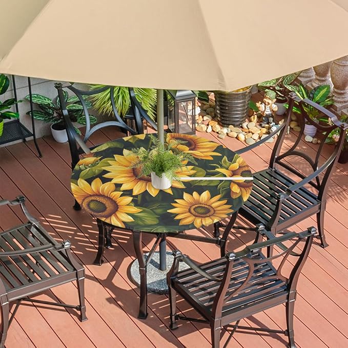Sunflower Outdoor Round Fitted Tablecloth with Umbrella Hole and Zipper, 36"-44" Elastic Patio Table Cloth Oil-Proof Waterproof Patio Table Cover for Picnic Party Camping