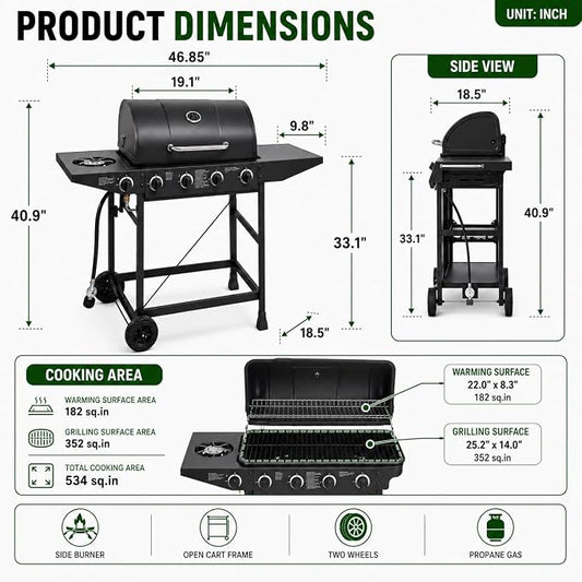 4-Burner Outdoor Propane Gas Grill with Side Burner, 42,000 BTU, Porcelain-Enameled Grates, 534 Sq. In. Cooking Area, Piezo Ignition and Wheels