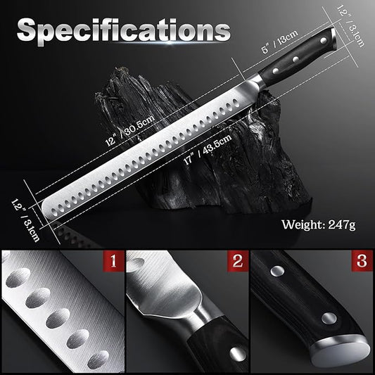 YFWOOD Slicing Carving Knife, 12 inch Brisket Knife for Meat Cutting, BBQ, Turkey – Razor Sharp High Carbon Stainless Steel Slicing Knives, Full Tang, Ergonomic Handle, Professional Chef's Knives