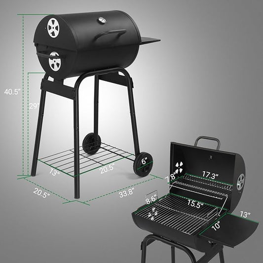 Charcoal Grill with Side Table and Wheels, Large Outdoor BBQ Grill, Barrel Grill with Adjustable Height Charcoal Pan, Temperature Gauge & Ash Tray for Backyard, Camping, Patio Parties