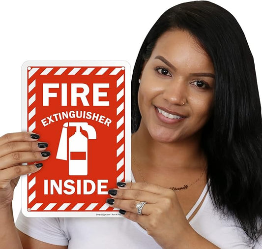 SmartSign 10 x 7 inch โFire Extinguisher Insideโ Metal Sign with Pre-cleared Holes, 40 mil Laminated Rustproof Aluminum, Red and white, Made in USA
