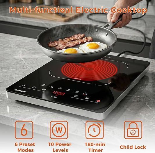 TOPWISH Single Burner Electric Stove, 110V-120V Portable Electric Cooktop, Countertop Stove Top Burner Hot Plate Ceramic Cooktop with Touch Control 10 Power Levels Child Lock Timer for Kitchen Cooking