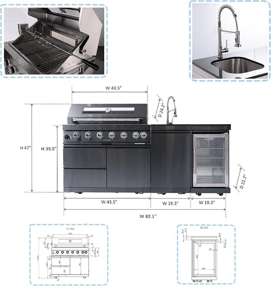 Modular Outdoor Kitchen Island with Grill,85,000 BTU,121 Inch,Black