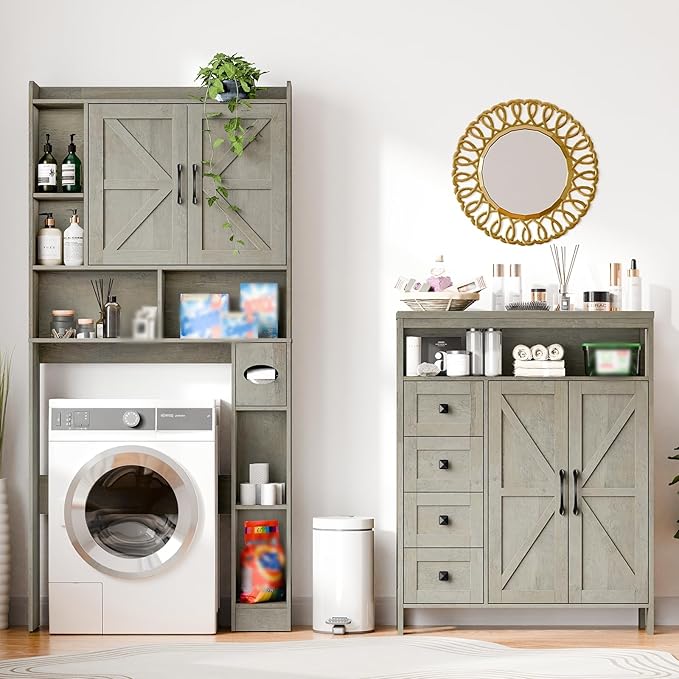 Vabches Farmhouse Storage Cabinet with 2 Doors and 4 Drawers, Freestanding Bathroom Storage Cabinet Kitchen Pantry Cabinet, Floor Cabinets Hutch Cupboard for Kitchen/Living Room/Bathroom.Grey Oak.