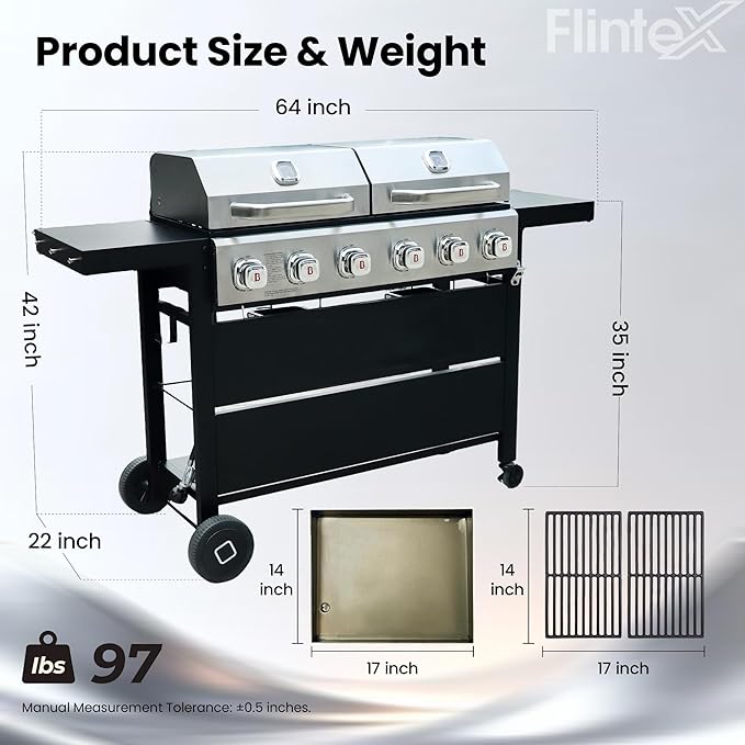 Flintex 6 Burner Propane Gas Grill Griddle Combo with Porcelain-Enameled Cast Iron Grates & Cast Iron Pan, Dual Outdoor BBQ Grill With Flat Top Griddle for Backyard Barbecue, 610 sq.in.