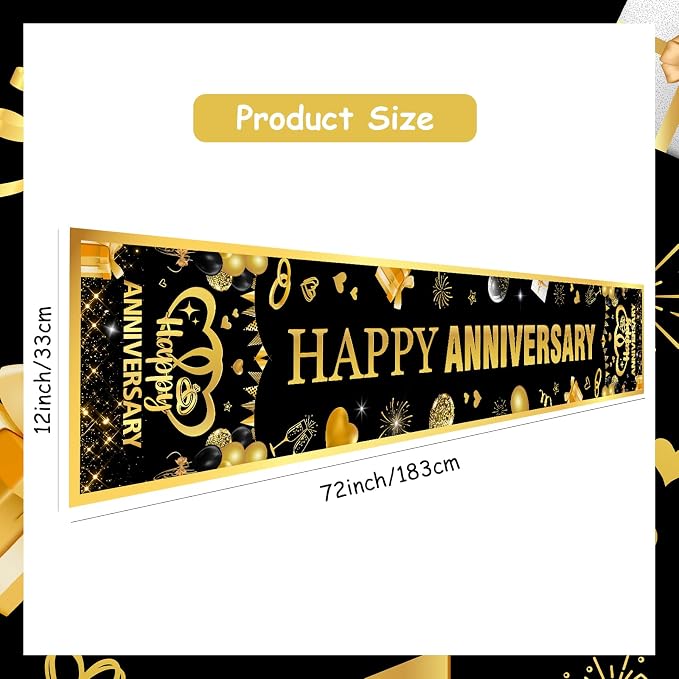 Black Golden Wedding Anniversary Table Runner 72 x 13 Inches | Happy Wedding Anniversary Decor, Linen Fabric, Washable Reusable Table Cover, Indoor Outdoor, Kitchen, Dining Table Decor