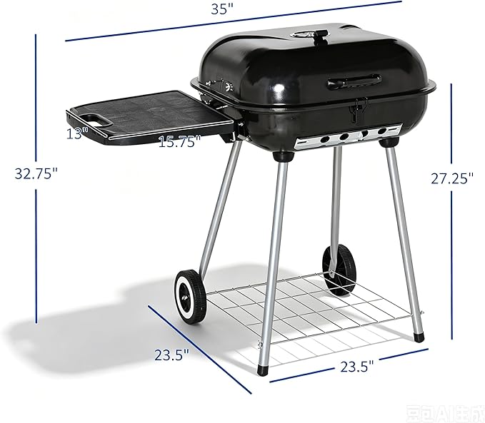 Portable Charcoal Grill with Foldable Side Shelf & Bottom Shelf, BBQ Smoker with Wheels and Adjustable Lid Vents for Picnic, Camping, Backyard Cooking (35" x 23.5"x 32.75")