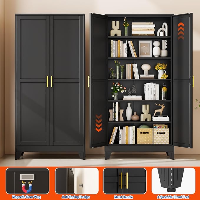 GAIOUS 75'' Tall Metal Garage Storage Cabinet,File Cabinet with 2 Doors and 5 Adjustable Shelves, Outdoor Steel Tool Cabinet for Home,Office,Warehouse,Garage,Black