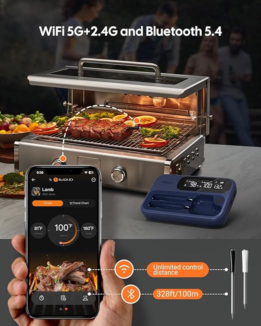 Wireless Bluetooth Meat Thermometer for Smoker, Fitflavor WiFi Meat Thermometer for Grill BBQ, Smart Meat Probe for Food Cook Oven Grilling - Dual Probes, Rechargeable