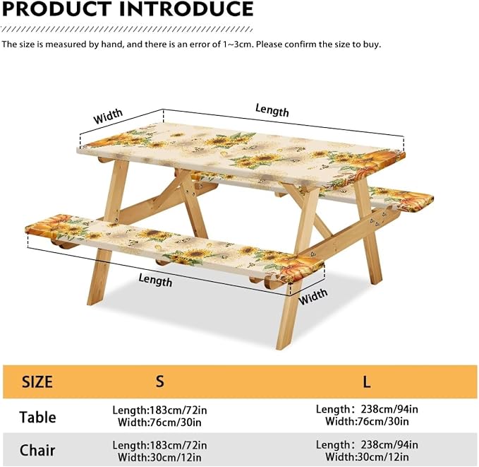 Thanksgiving Elastic Fitted Table Cloth for Outdoor Camping Pumpkin Sunflower Butterfly Camping Table Cloth for Picnic Table 3 PCS Set
