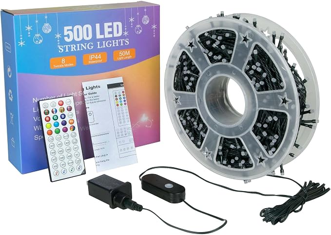 kemooie 164 FT 500 LED Christmas Lights Outdoor, RGB Color Changing Lights with Remote & APP Control, 9 Modes Plug in Green Wire Fairy Lights for Indoor Outdoor Room Garden Christmas Tree Party Decor