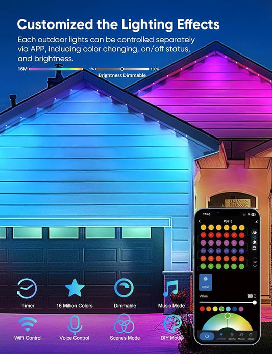 APPECK RGBW Permanent Outdoor Lights 150ft with108 Lights,White | 111+ Scenes Modes Outdoor Lighting, APP Control Eaves Lights Compatible with Alexa, for Decorations, Daily