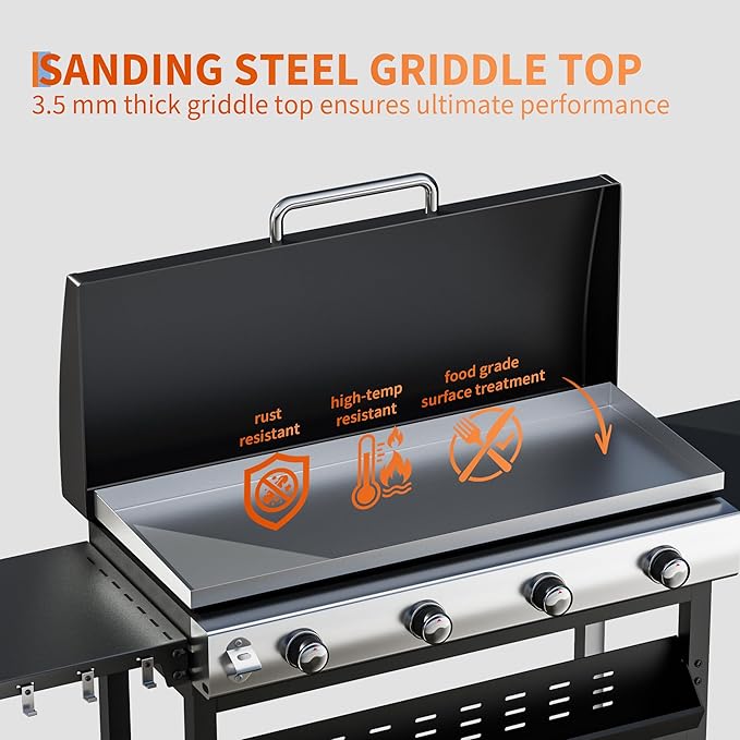 Garvee 4 Burner Propane Gas Griddle with Removable Cart – Convertible Flat Top Grill with Hood, 32,000 BTU Portable Griddle for Camping, Tailgating, Backyard – Black