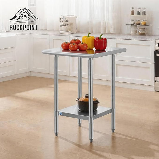 ROCKPOINT SS304 Top All Stainless Steel Table for Prep & Work 24x24 Inches, NSF Commercial Kitchen Heavy Duty Table with Adjustable Undershelf for Restaurant,Kitchen, Home and Hotel