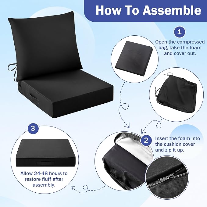 IASEAHK Outdoor Seat Cushion Set, Waterproof & Fade Resistant Patio Chair Cushions, Outdoors Cushion for Patio Furniture, 24 x 24 x 5.75 Inch, Outdoor Couch Cushions with Handle and Ties, Black