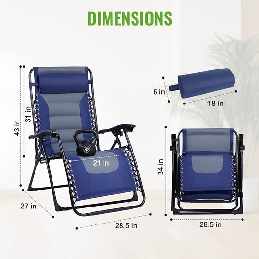 Backyard Expressions Deluxe XL Padded Recliner Zero Gravity Chair – Ergonomic Anti-Gravity Lounger with Folding Design, Side Tray, and Adjustable Headrest