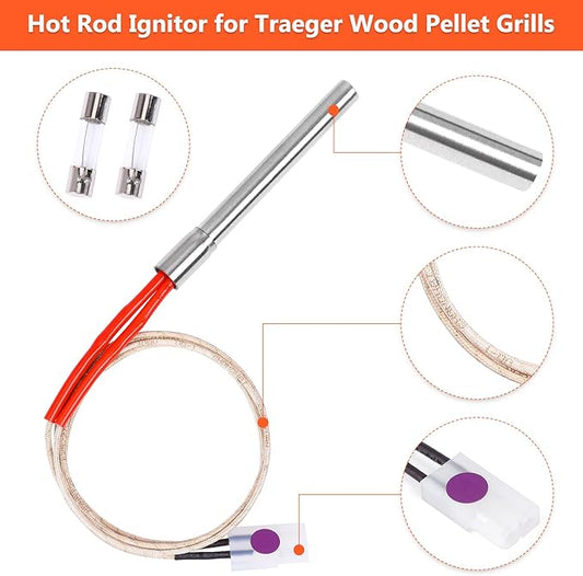 2 Pack Replacement Hot Rod Ignitor Kit for Traeger and Camp Chef Wood Pellet Grills, Upgraded Pellet Grill Igniter/Hot Rod Replacement - Durable Hot Rod Ignitor Comes with 2 Pcs Fuses, 200W 120V