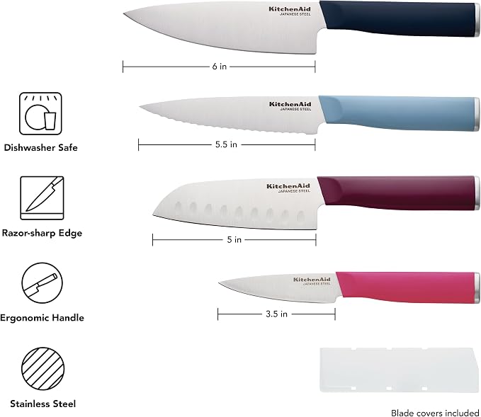 KitchenAid 4-Piece Chef Knife Set with Blade Covers, 6-Inch Chef Knife, 5-Inch Santoku, 5.5-Inch Serrated Utility, 3.5-Inch Paring Japanese Steel, Assorted Colors
