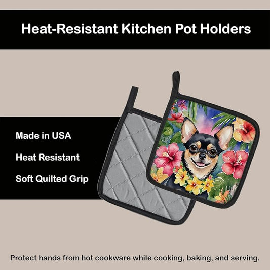 Caroline's Treasures Chihuahua Luau Pair of Pot Holders Kitchen Heat Resistant Pot Holders Sets Oven Hot Pads for Cooking Baking BBQ, 7 1/2 x 7 1/2