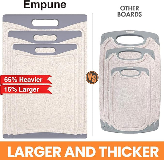 Extra Large Cutting Boards, Plastic Cutting Boards for Kitchen (Set of 3) Cutting Board Set Dishwasher Chopping Board with Juice Grooves Easy-Grip Handles, Beige, Empune
