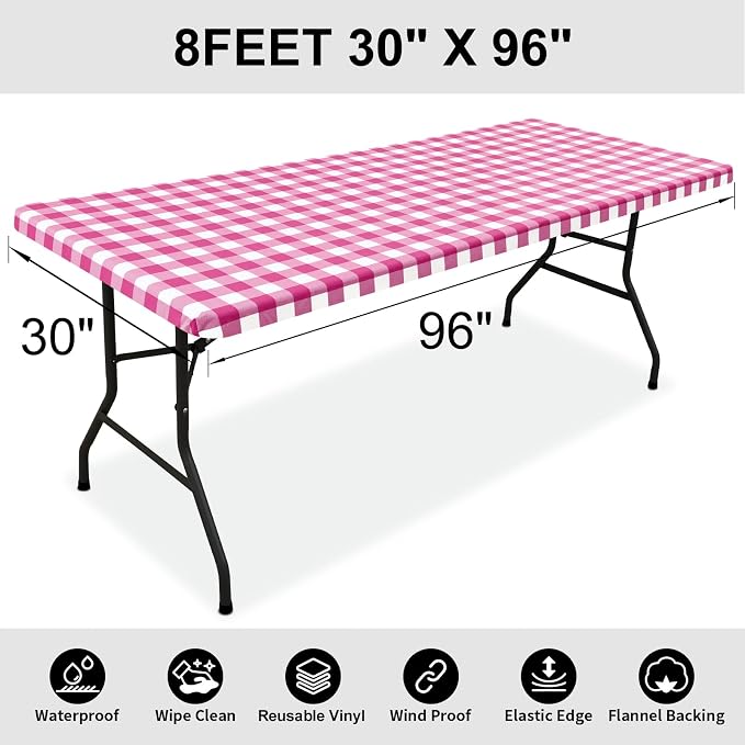 Smiry Rectangle Picnic Table Cloth, Elastic Waterproof Fitted Vinyl Tablecloths, Flannel Backed Buffalo Plaid Table Covers for Dining, Camping, Outdoor (Hot Pink and White, 30" x 96")