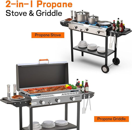 Veralune 2-in-1 Propane Stove & 33'' Griddle Combo with Ignition, 225,000 BTU Powerful Gas Stove & Grill with Side Shelves, Rolling Wheel & Regulator for Outdoor Backyard Camping Cooking Grilling