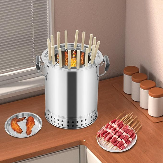 Charcoal Hanging Grill Portable Charcoal Grill with 30 Skewers & Charcoal Drum Skewer Grill for Camping Picnics Parties Beaches Outdoor Vertical Charcoal Grill, Silver