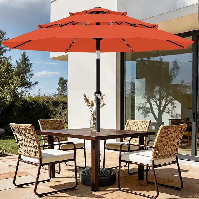 AreShark 9ft 3-Tier Patio Umbrellas, Outdoor Umbrella with 8 Sturdy Ribs UV Protection Windproof, Market Table Umbrella w/Push Button Tilt & Crank for Pool, Porch, Deck, Garden(Orange)