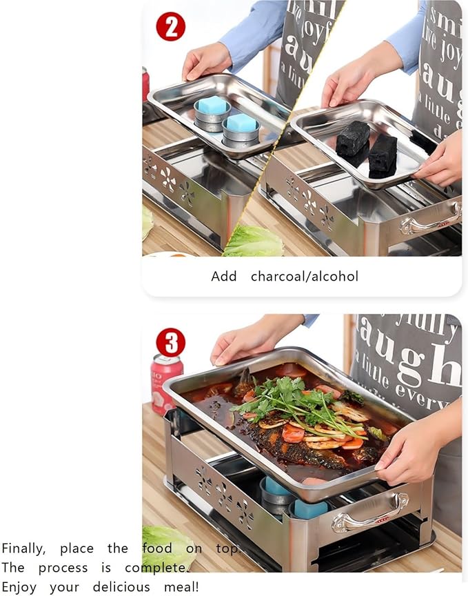 chafing dish Stainless Steel Charcoal Grill Multifunctional Alcohol Grilled Fish BBQ for Indoor Outdoor(Sliding out,45 * 35cm)