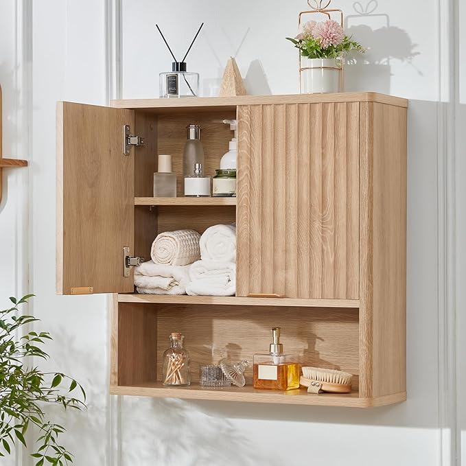 LEYAOYAO Fluted Bathroom Wall Cabinet, Wall-Mounted Medicine Cabinet with Adjustable Shelf & Doors, Farmhouse Floating Over the Toilet Storage Cabinets for Laundry Room, Kitchen, Living Room (Natural)