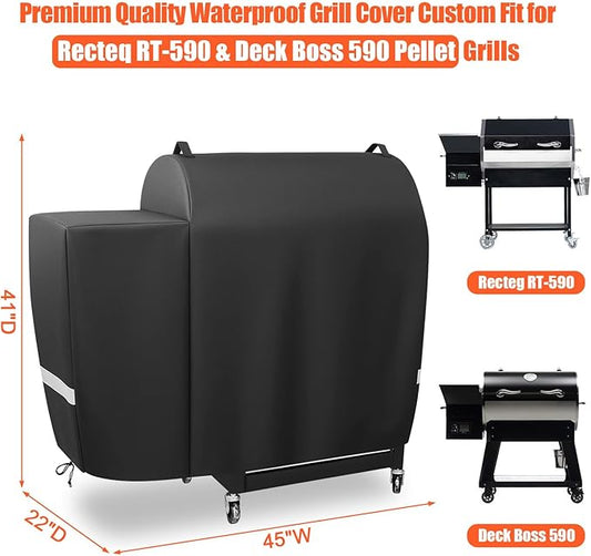 Grill Cover for Recteq RT-590 and Deck Boss 590, 45 x 22 x 41 in 600D Outdoor Pellet Grill Cover, Weather-Resistant BBQ Smoker Cover for Rain, Sun, Dust and Leaves