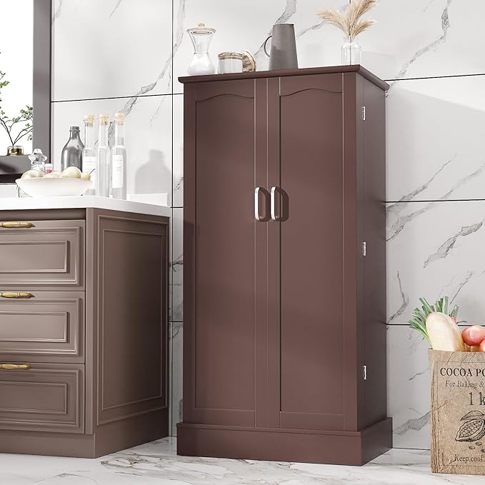 kepptory 47” Pantry Cabinet, Kitchen Pantry Storage Cabinet with Doors & Adjustable Shelves, Brown Freestanding Buffet Cupboards Sideboard for Living Room and Dinning Room, Sturdy and Durable
