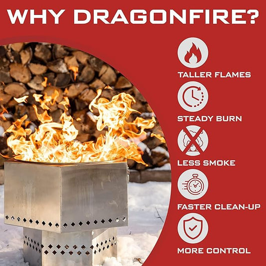 Dragonfire Portable Smokeless Firepit, Accessories Included: Grill, Base Stand, Carrying Case. Wood Pellet/Log Burning Outdoor Fire Pit. Stainless Steel, 22 Inch, Nesting Base for Compact Storage.