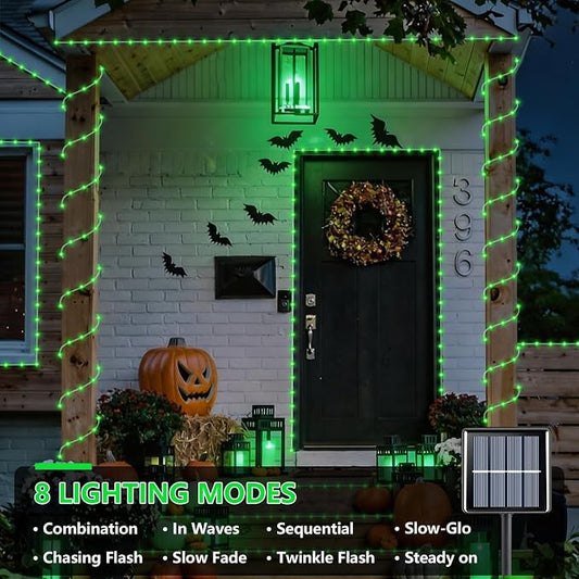 YEGUO Green Solar Halloween Lights, 66ft 200 LED Solar Rope Lights Outdoor Waterproof, 8 Modes Fairy Lights in Clear Thin Tube