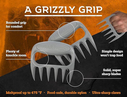 Bear Paws Meat Claws - The Original BBQ Meat Shredder Claws for Pulled Pork, USA Made - Easily Lift, Shred, Pull and Serve Pork, Chicken, Brisket and Turkey - Valentine’s Day Gifts for Men (Gray)