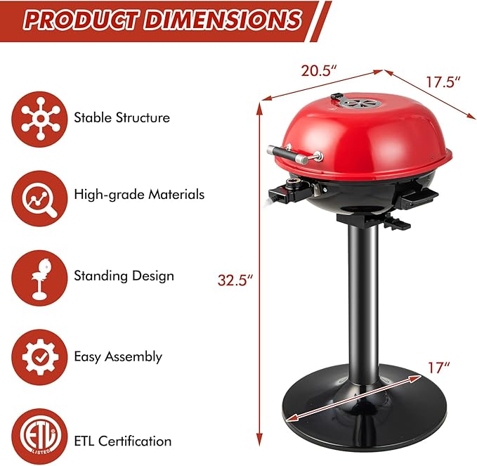 HAPPYGRILL Electric Grill Outdoor, 1600W Barbecue 15-Serving for Indoor & Outdoor Use, Portable Stand BBQ Grill for Cooking Patio Kitchen Garden, Red